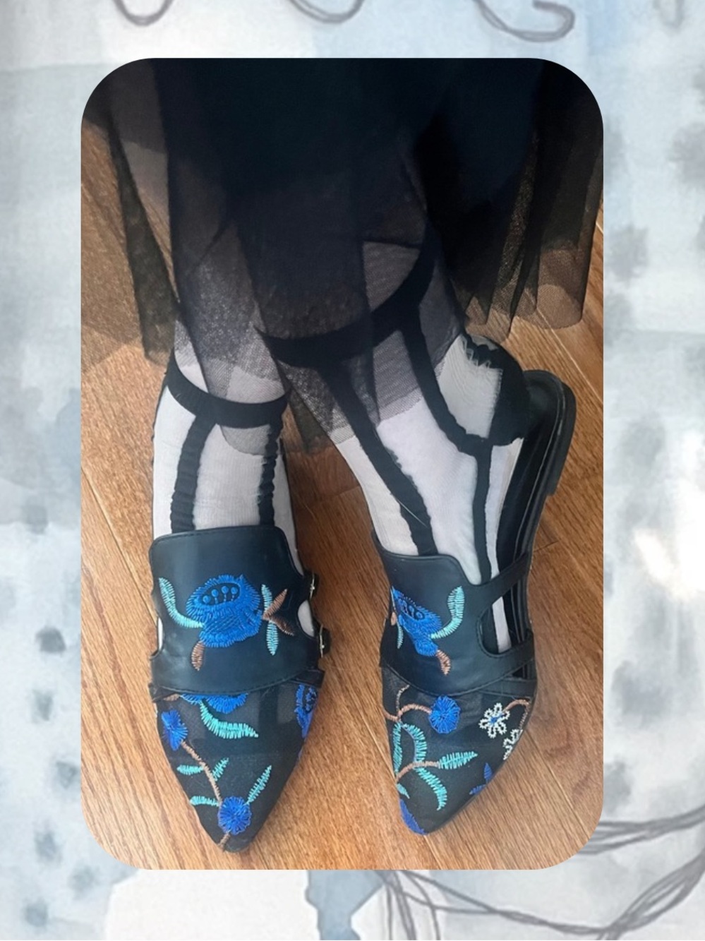 SHEIN Black & Blue Floral Embroidered Pointed-Toe Slide Mules